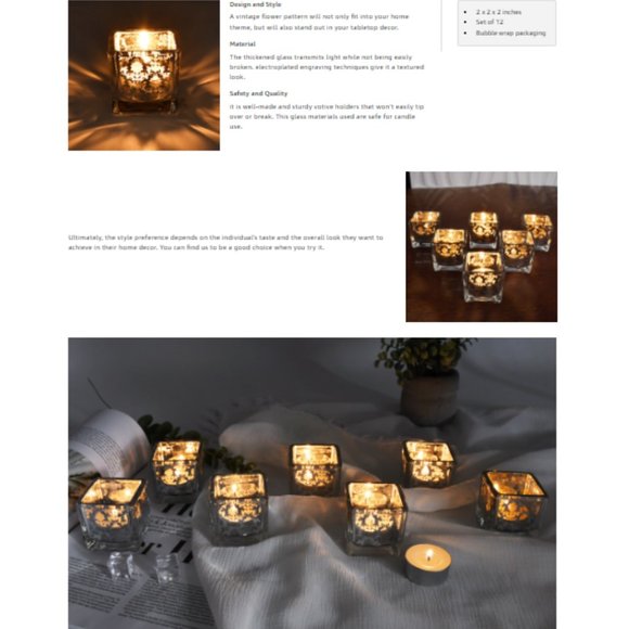 Set of 12 - Square Silver Mercury Glass Tea Light / Votive Candle Holders - Picture 11 of 13